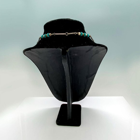 Exotic Turquoise Beaded Necklace Decorated With Brass and Silver Tone Beads - Picture 2 of 3